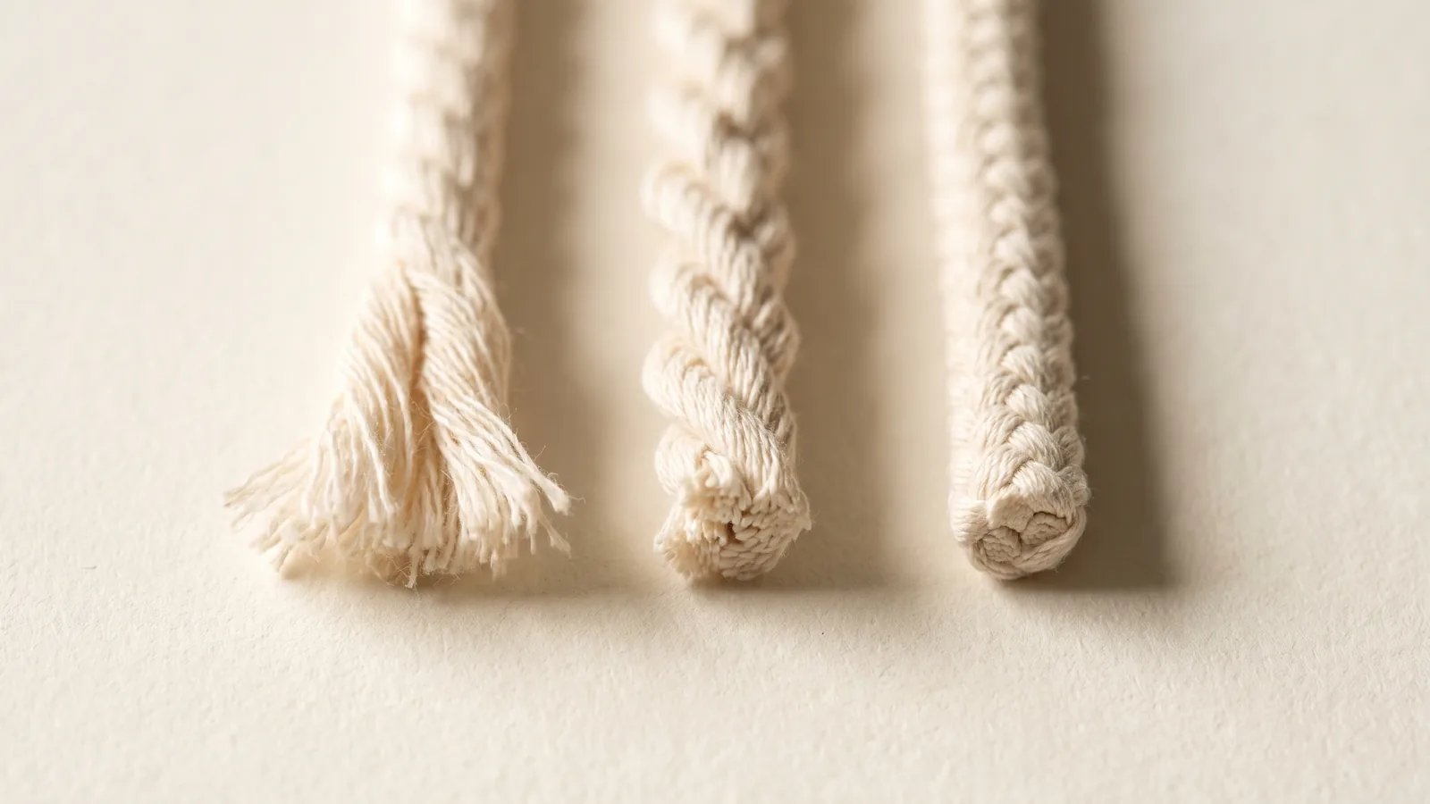 Cut ends of single strand, three-ply twisted and braided macrame thread side by side