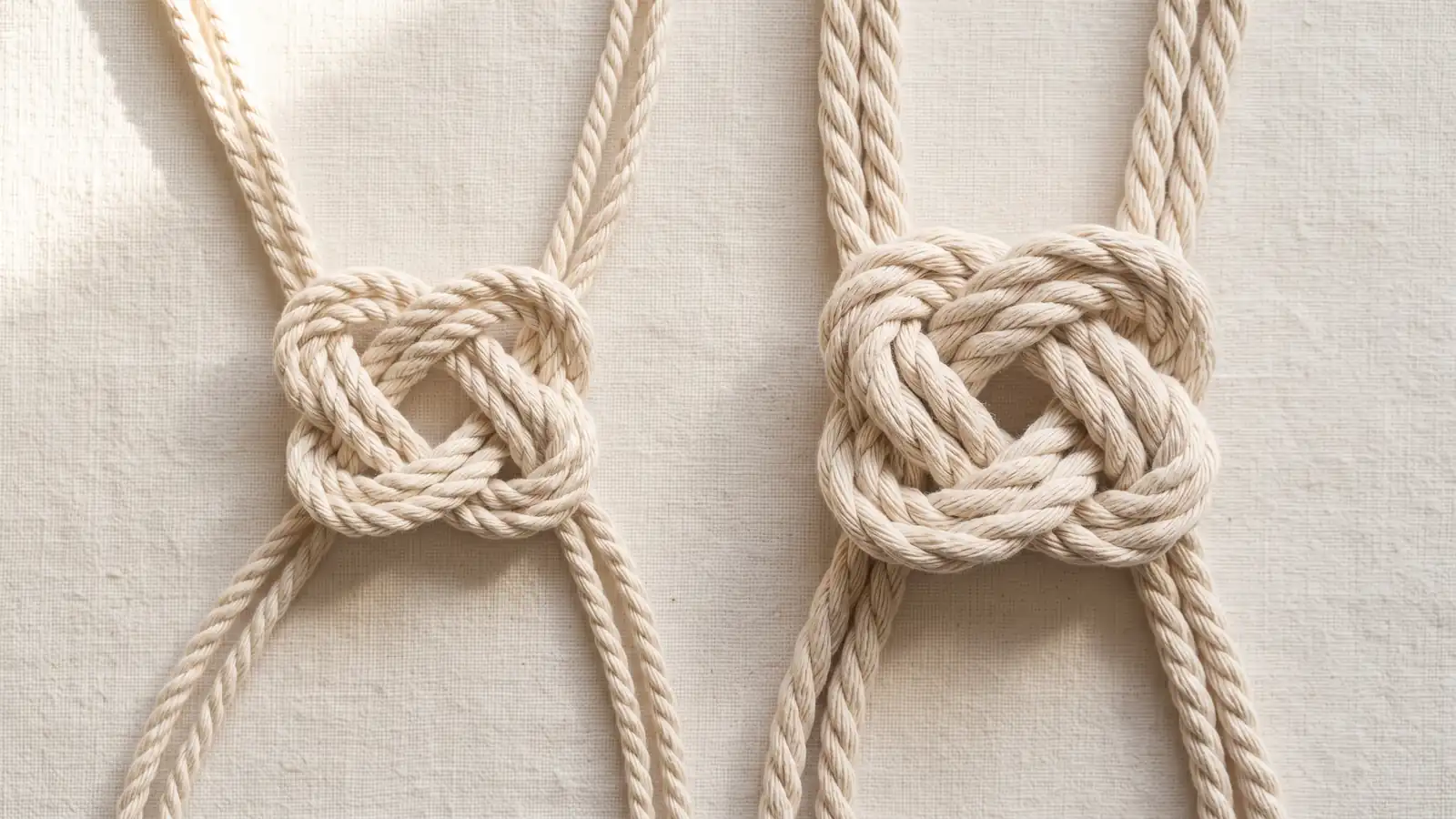 The same square knot tied in 3mm and 6mm macrame thread showing the difference in scale