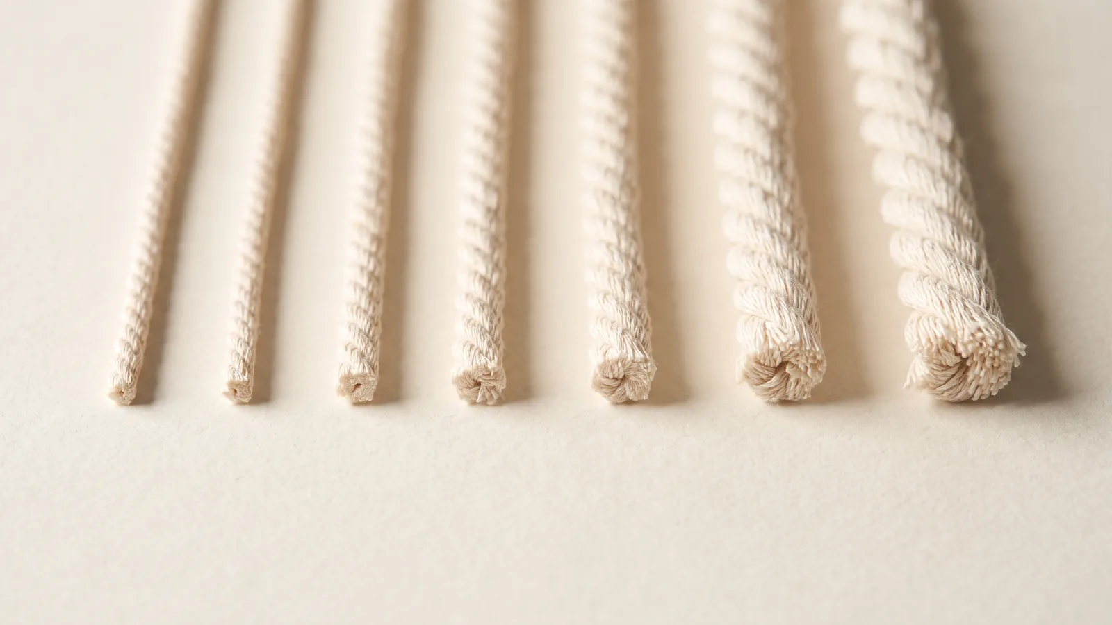 Macrame thread size ladder from 1.5mm to 10mm wound on spools on a workbench