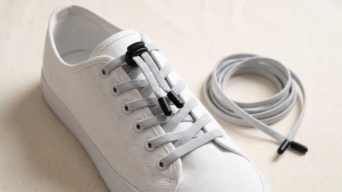 Flat elastic no-tie laces with a lock toggle fitted to a white sneaker