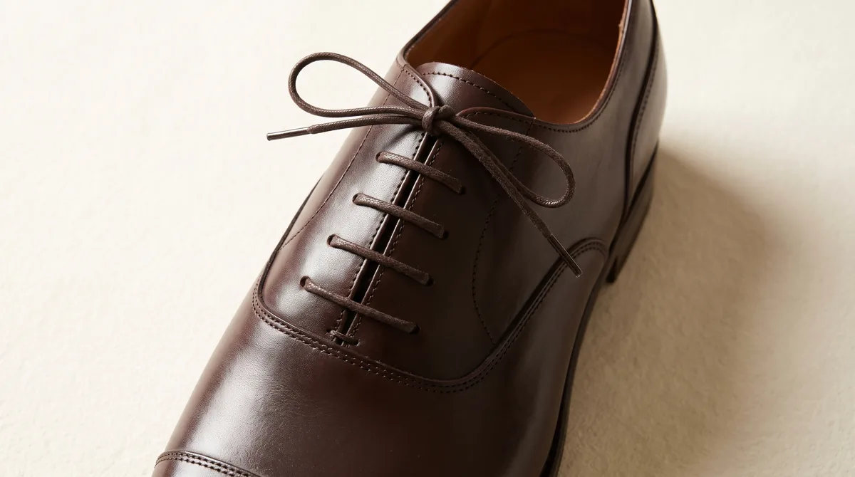 Brown leather oxford dress shoe with straight bar lacing in waxed round laces