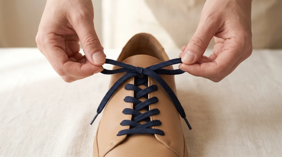 Hands tying a navy flat shoelace into a bow on a leather sneaker