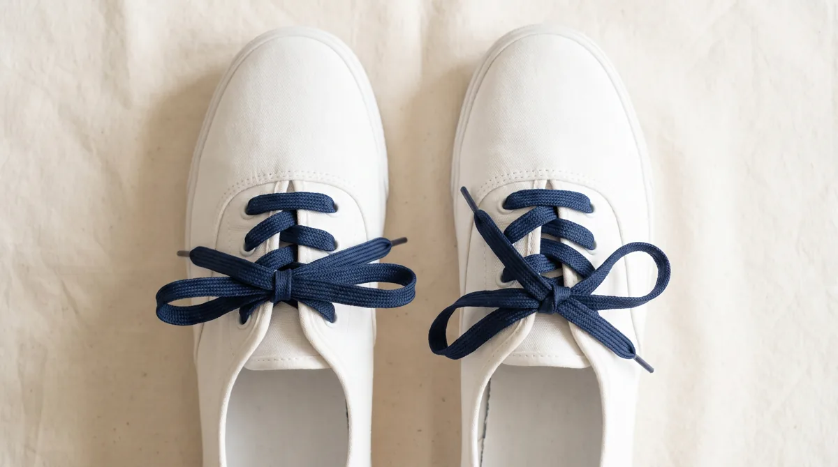 Square bow sitting straight across a sneaker next to a twisted granny knot bow