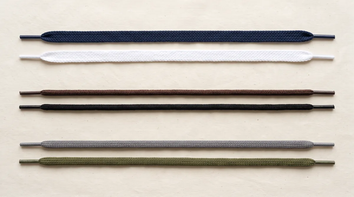 Rows of flat, round and oval shoelaces in different materials and colours