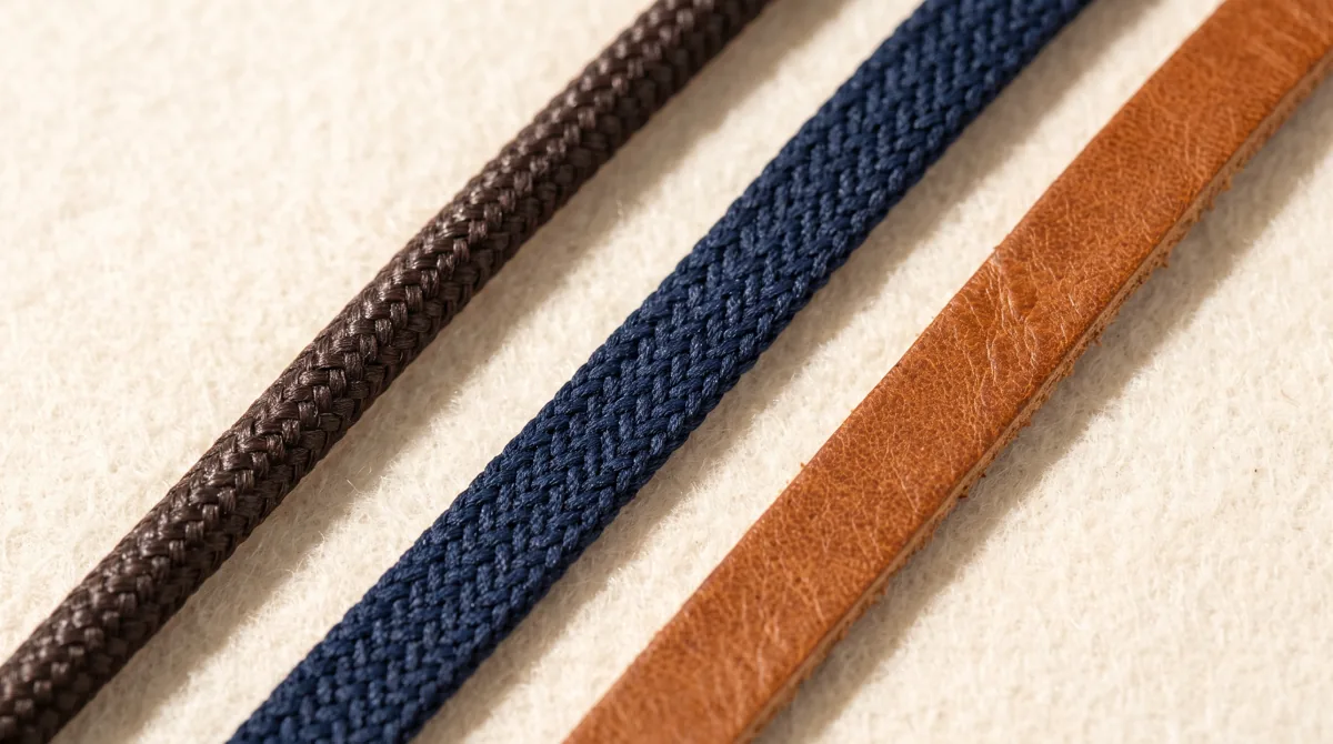 Close-up of waxed cotton, matte polyester and leather shoelaces side by side