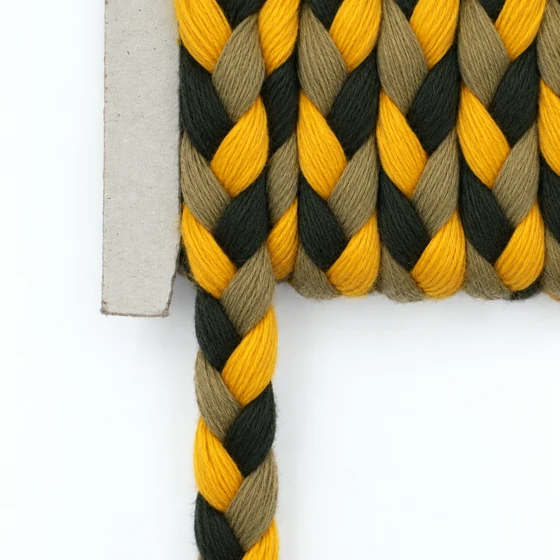 10 mm Army Green, Yellow and Near-Black Choti Braided Trim — Front winding detail