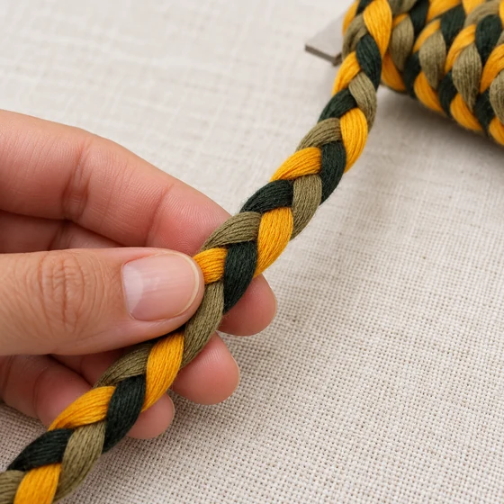 10 mm Army Green, Yellow and Near-Black Choti Braided Trim — In hand