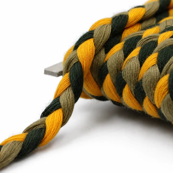 10 mm Army Green, Yellow and Near-Black Choti Braided Trim — Side exit detail