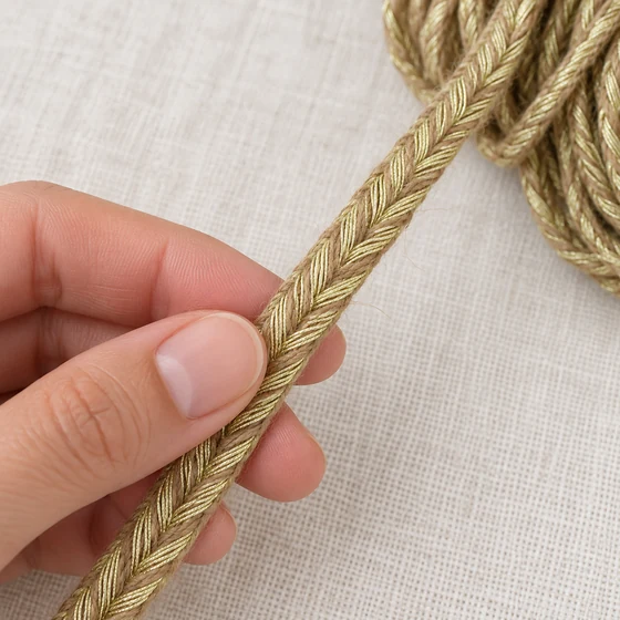8 mm Beige and Gold Tone Flat Choti Braided Trim — In hand