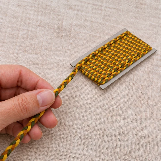 Army Green, Orange and Yellow Choti Braided Trim — In hand