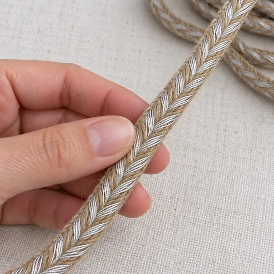 8 mm Beige and Silver Tone Flat Choti Braided Trim — In hand
