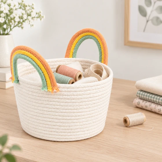 Polycotton Rope Nursery Basket with Rainbow Handle — Craft storage use