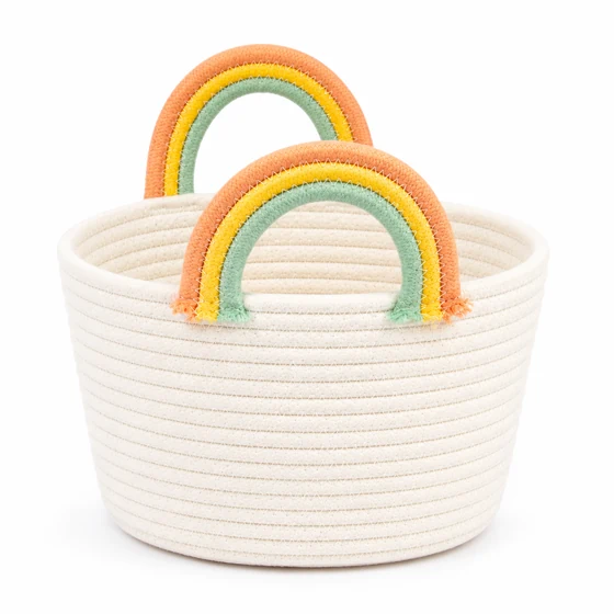 Polycotton Rope Nursery Basket with Rainbow Handle — Front view