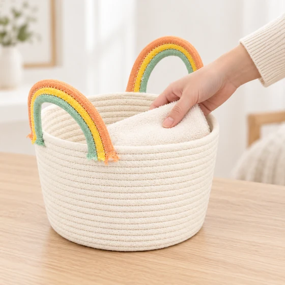Polycotton Rope Nursery Basket with Rainbow Handle — In hand