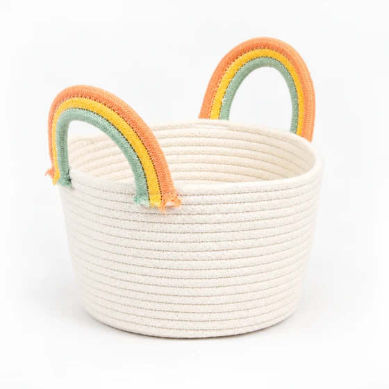 Polycotton Rope Nursery Basket with Rainbow Handle — Main three quarter