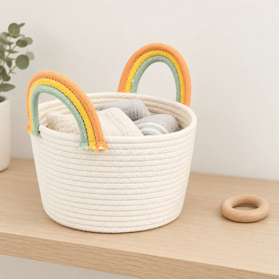 Polycotton Rope Nursery Basket with Rainbow Handle — Nursery storage use