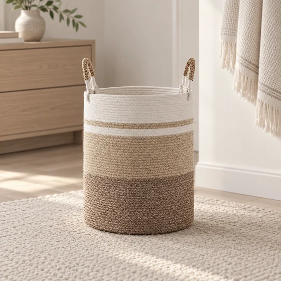 Large Cotton Rope Laundry Basket with Handles, 15 x 20 Inch — Empty room context