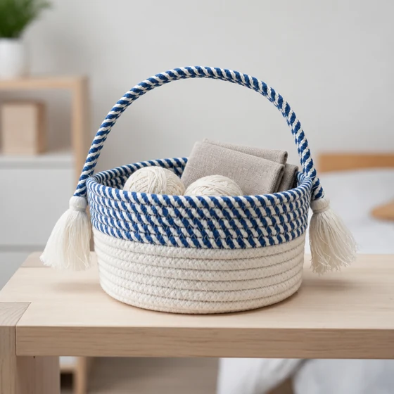 Round Cotton Rope Storage Basket with Tasselled Handle — Craft use