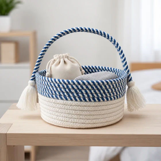 Round Cotton Rope Storage Basket with Tasselled Handle — Everyday use