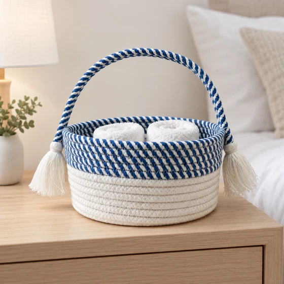 Round Cotton Rope Storage Basket with Tasselled Handle — Guest cloth use