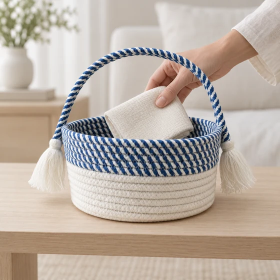 Round Cotton Rope Storage Basket with Tasselled Handle — In hand