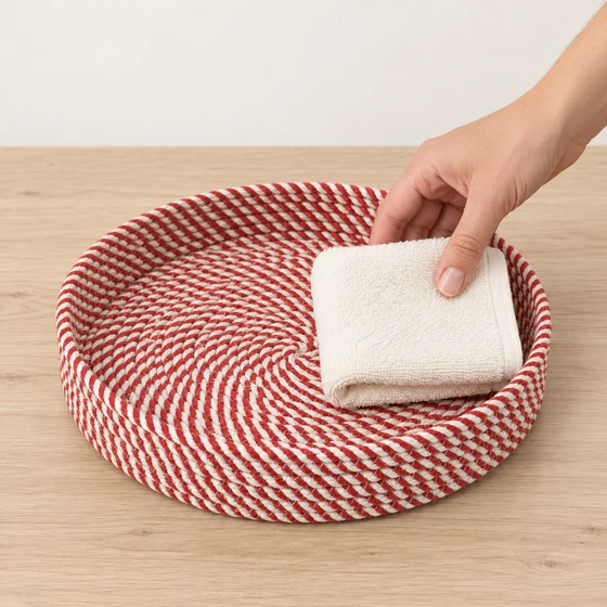 Nampan saji bundar dari tali, 10x10 inci — Di tangan