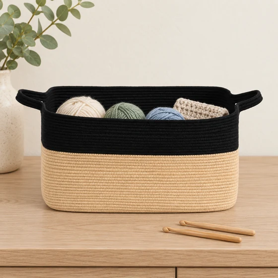 Rectangular Cotton Rope Blanket Storage Basket with Handles — Craft storage