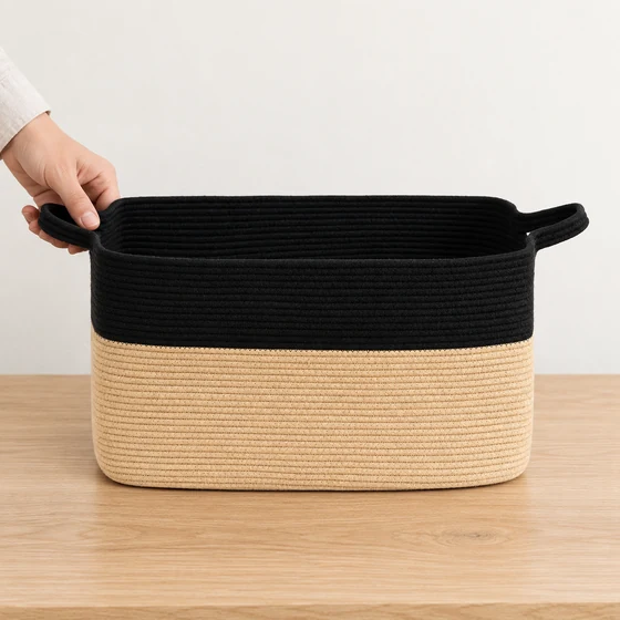 Rectangular Cotton Rope Blanket Storage Basket with Handles — In hand