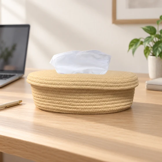 Rectangular Jute and Polycotton Tissue Box Holder, 7 Designs — Desk use