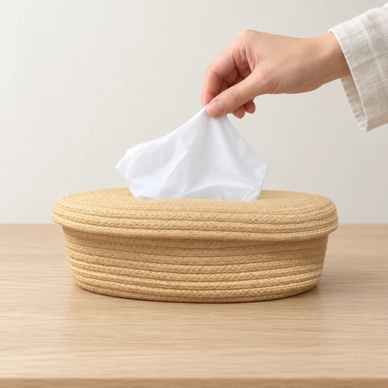 Rectangular Jute and Polycotton Tissue Box Holder, 7 Designs — In hand