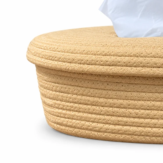 Rectangular Jute and Polycotton Tissue Box Holder, 7 Designs — Lid corner detail