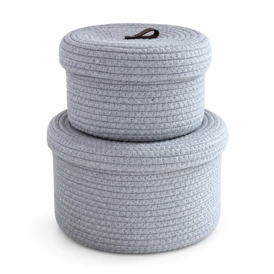 Foldable Cotton Rope Storage Basket with Lid, Small or Large — Grey stacked family