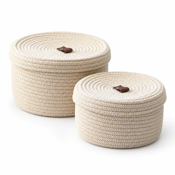 Foldable Cotton Rope Storage Basket with Lid, Small or Large — Off white size family