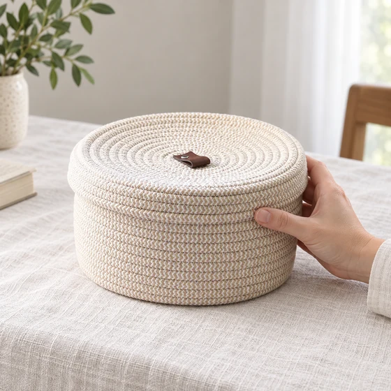 Foldable Cotton Rope Storage Basket with Lid, Small or Large — Off white small handling