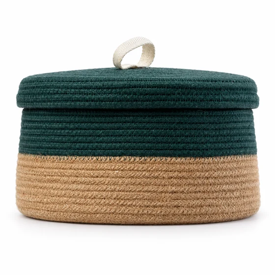 Army Green Jute Basket with Lid, 8 x 3 Inch — Front profile