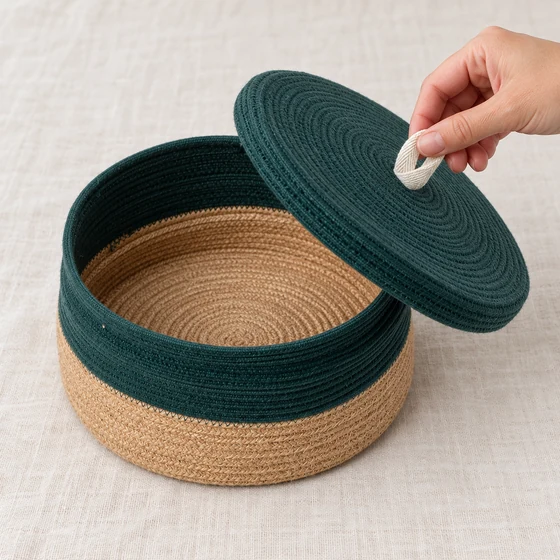 Army Green Jute Basket with Lid, 8 x 3 Inch — Lid handling