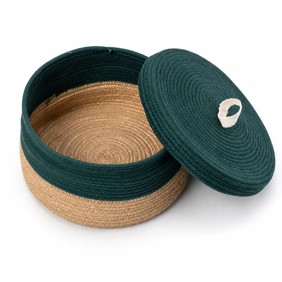 Army Green Jute Basket with Lid, 8 x 3 Inch — Open interior