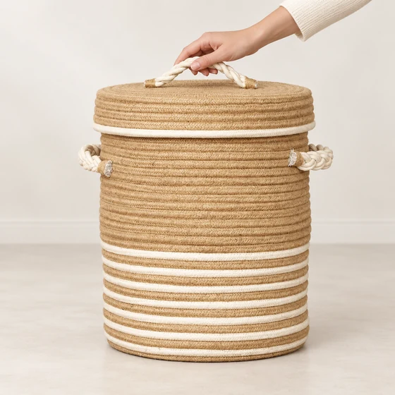 Round Striped Rope Laundry Basket with Lid, Brown — In hand