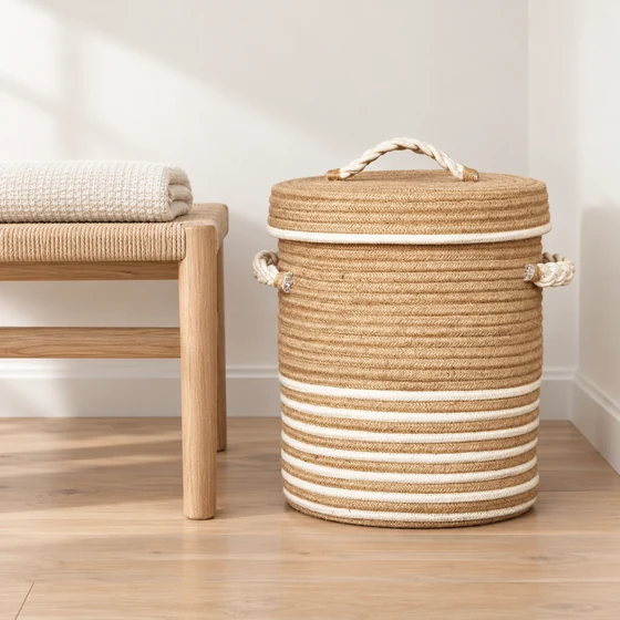 Round Striped Rope Laundry Basket with Lid, Brown — Household storage