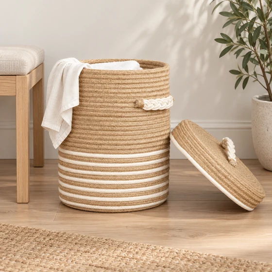 Round Striped Rope Laundry Basket with Lid, Brown — Laundry use