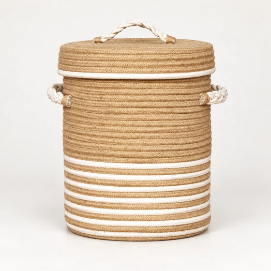 Round Striped Rope Laundry Basket with Lid, Brown — Main closed