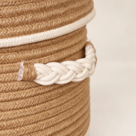 Round Striped Rope Laundry Basket with Lid, Brown — Side handle detail