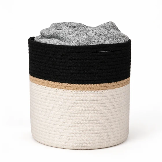 Cotton Rope and Jute Folding Storage Basket, 28 x 28 cm — Front filled