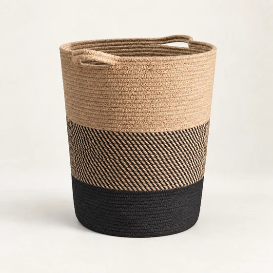 Large Rope Laundry Basket, Brown and Black — Alternate front