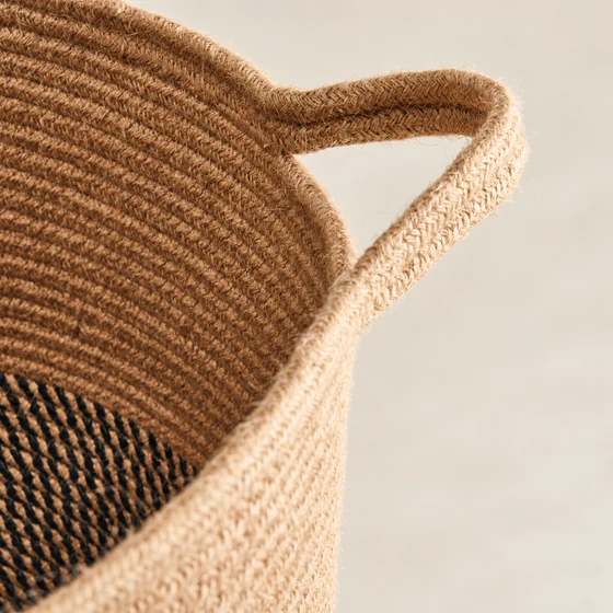 Large Rope Laundry Basket, Brown and Black — Handle material closeup
