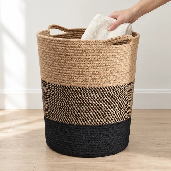 Large Rope Laundry Basket, Brown and Black — In hand