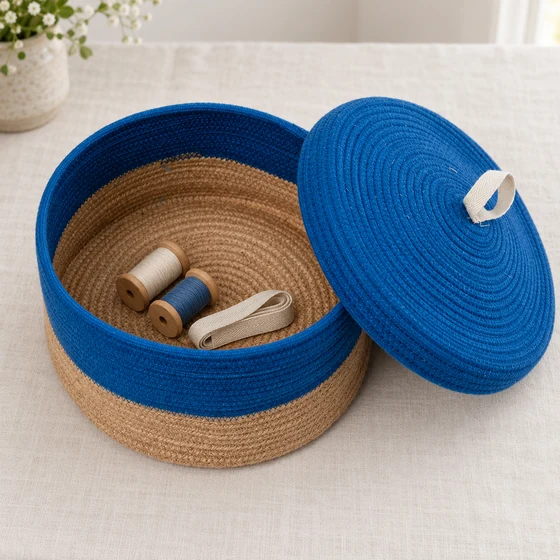 Jute and Polycotton Storage Basket with Lid, 8 x 3 Inch — craft storage use
