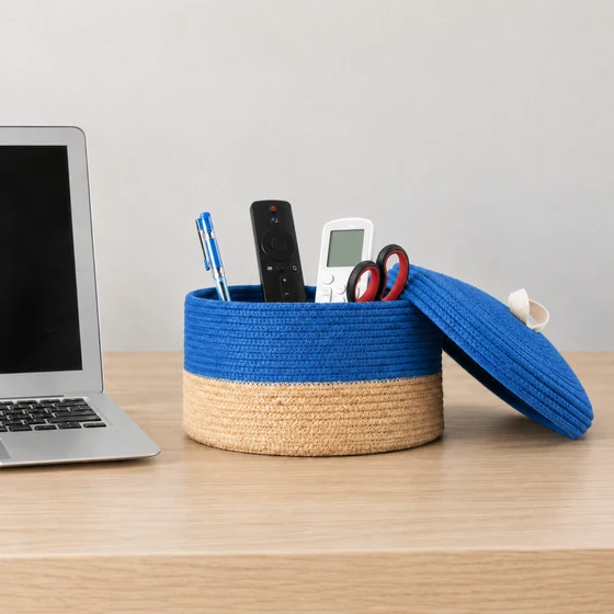 Jute and Polycotton Storage Basket with Lid, 8 x 3 Inch — desk organiser use