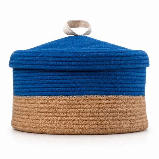 Jute and Polycotton Storage Basket with Lid, 8 x 3 Inch — front profile