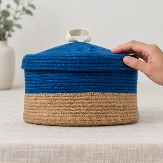 Jute and Polycotton Storage Basket with Lid, 8 x 3 Inch — lid handling